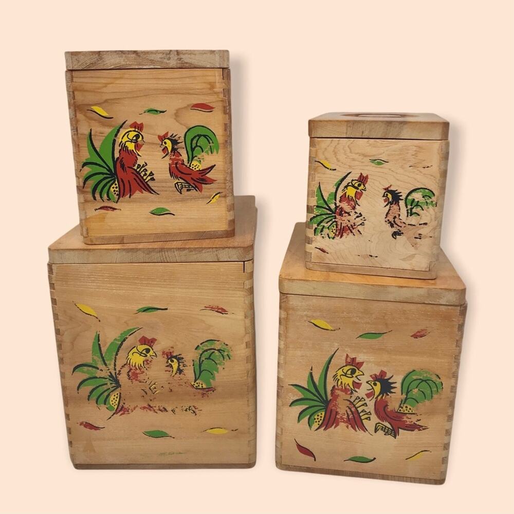 Vintage 4 Wooden Nesting Set  Rustic Cottagecore Hand Painted Rooster Boxes